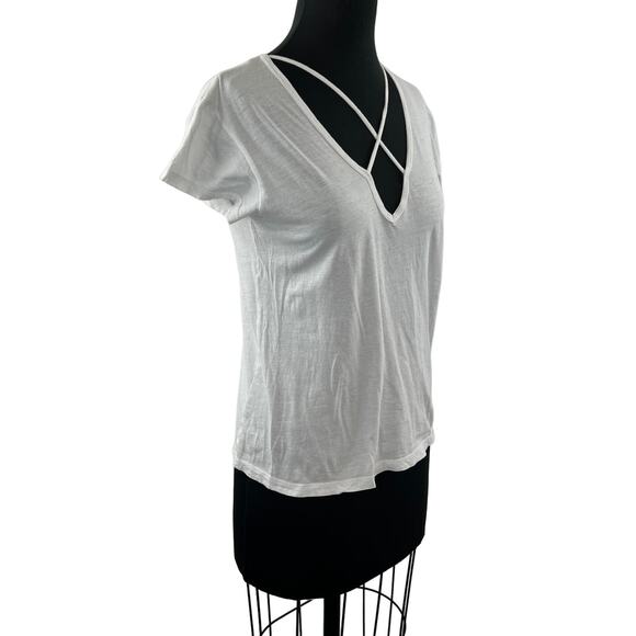 LNA White Cotton Crisscross Split V-Neck Short Sleeve Casual T-Shirt Top Size S - Picture 3 of 8